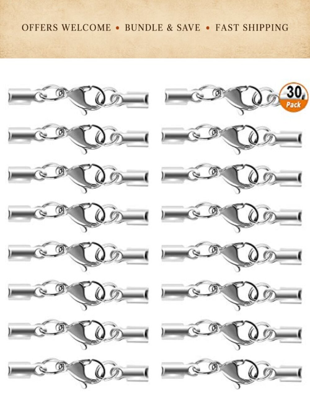 30PCS Stainless Steel Lobster Clasps with Cord Ends for DIY Jewellery Making